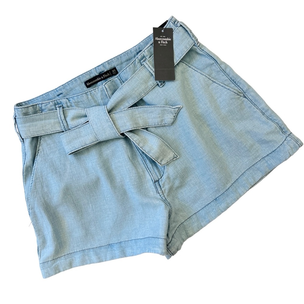 ABERCROMBIE & FITCH Light Blue Linen Chambray High-Rise Shorts Sz XS Tie Waist
